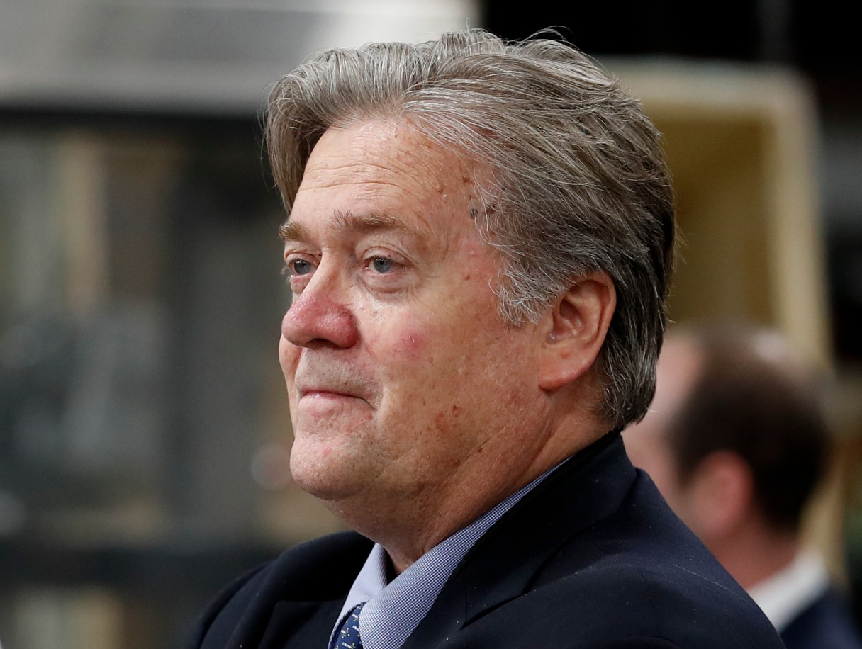 FILE - In this April 29, 2017, file photo, Steve Bannon, chief White House strategist to President Donald Trump is seen in Harrisburg, Pa. Bannon says there’s no military solution to North Korea’s threats and says the U.S. is losing the economic race against China. (AP Photo/Carolyn Kaster, File)