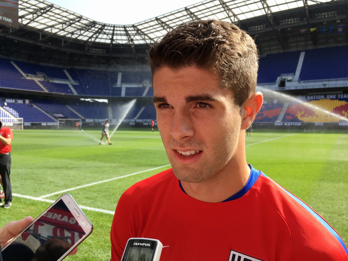 Christian Pulisic speaks to the media at Red Bull Arena in Harrison, N.J., Thursday, Aug. 31, 2017. Just 18 years old, Pulisic has become the key player for the United States soccer team heading into its World Cup qualifier against Costa Rica on Friday. (AP Photo/Ron Blum)