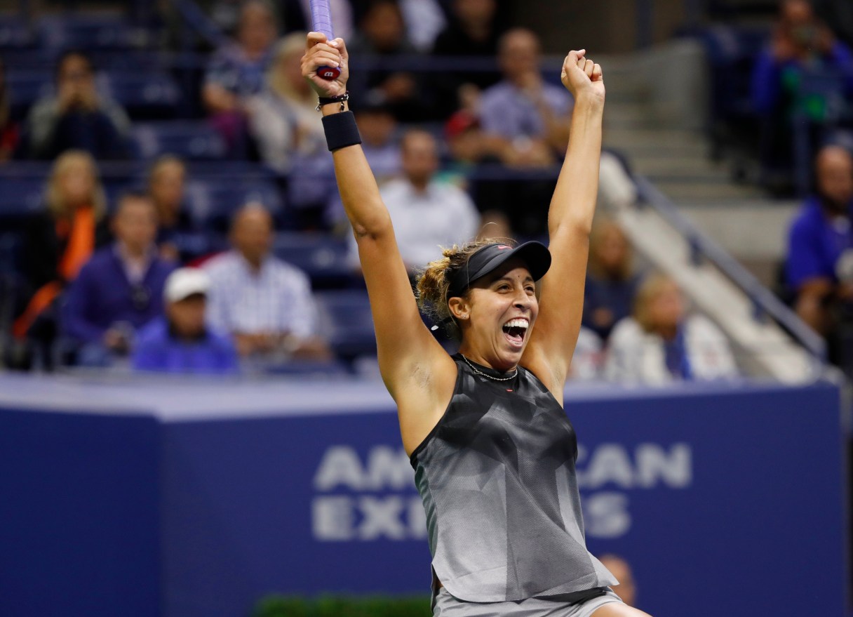 Madison Keys, of the United States, reacts after defeating CoCo Vandeweghe, of the United States, during the semifinals of the U.S. Open tennis tournament, Thursday, Sept. 7, 2017, in New York. (AP Photo/Adam Hunger)
