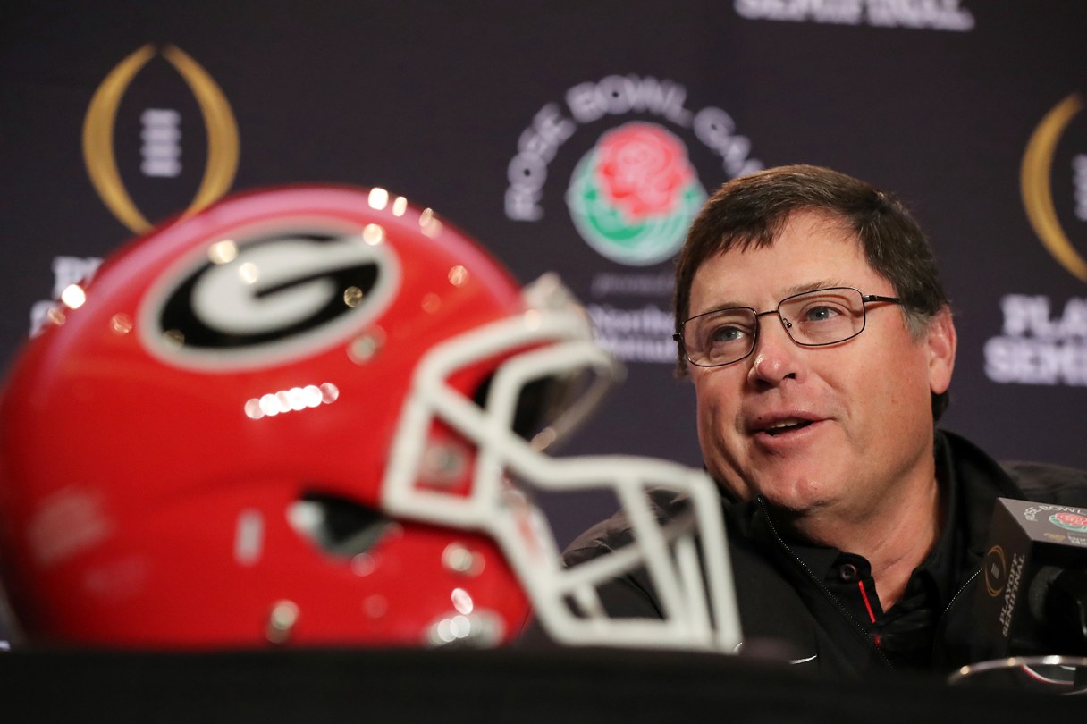 Georgia second-year offensive coordinator Jim Chaney speaks to reporters Thursday afternoon during a Rose Bowl news conference.