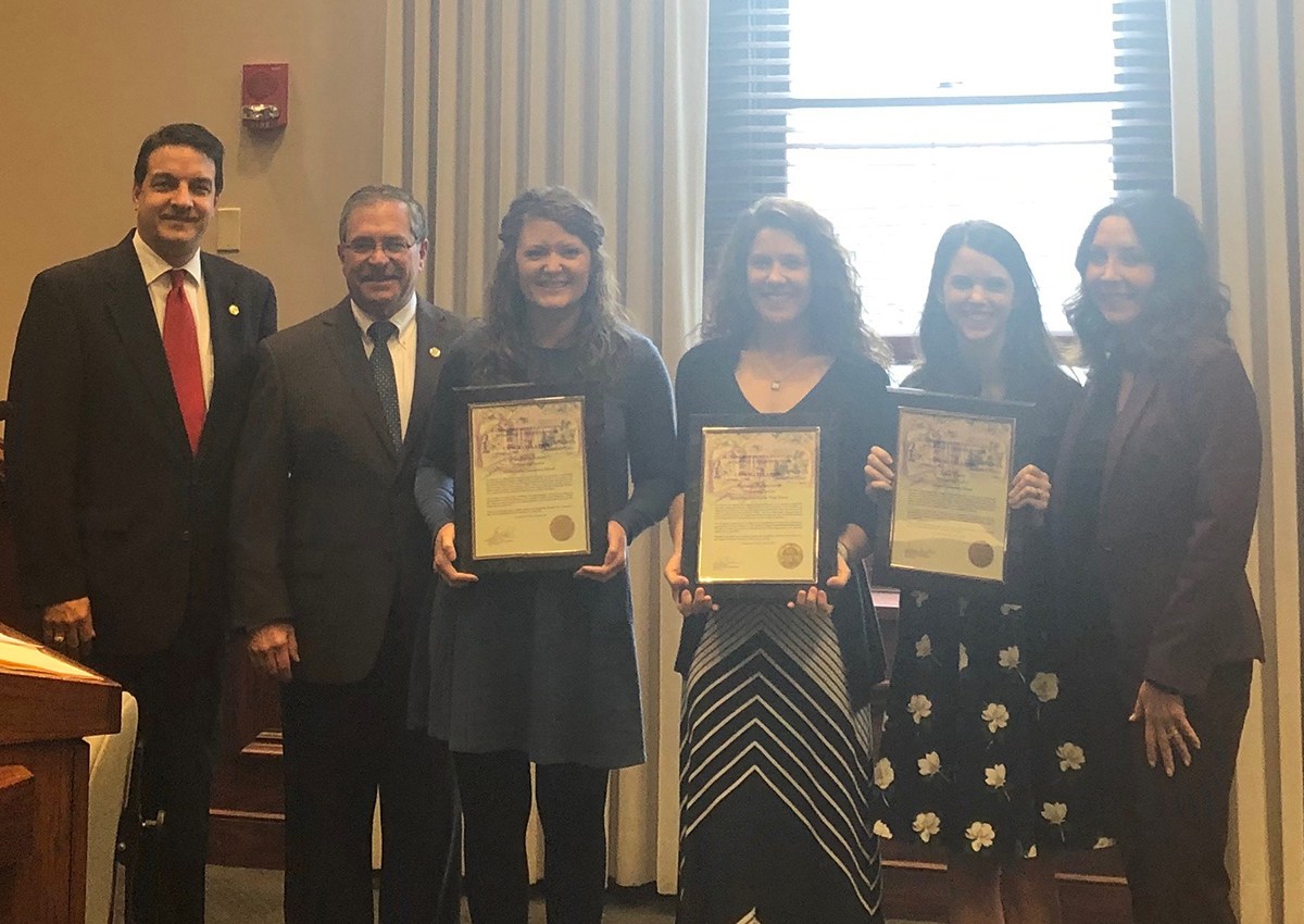 Hamilton County commissioners recognized this year's three Teachers of the Year at the Wednesday, Feb. 27, 2019, commission agenda meeting. From left: District 3 commissioner Greg Martin; District 2 commissioner Chip Baker; Michele Jones, a fifth-grade teacher at Middle Valley Elementary School; Kristen Robertson, a ninth-grade teacher at Signal Mountain Middle/High School; Sara Pratt, a fourth-grade teacher at Apison Elementary; and Chairwoman Sabrena Smedley of District 7. / Contributed Photo/Times Free Press