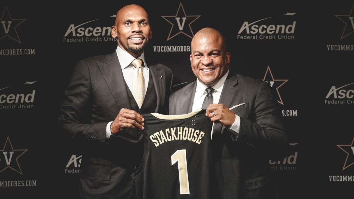 New Vanderbilt basketball coach Jerry Stackhouse, left, is introduced several weeks ago by Commodores athletic director Malcolm Turner. Both Stackhouse and Turner have backgrounds in the NBA G League.