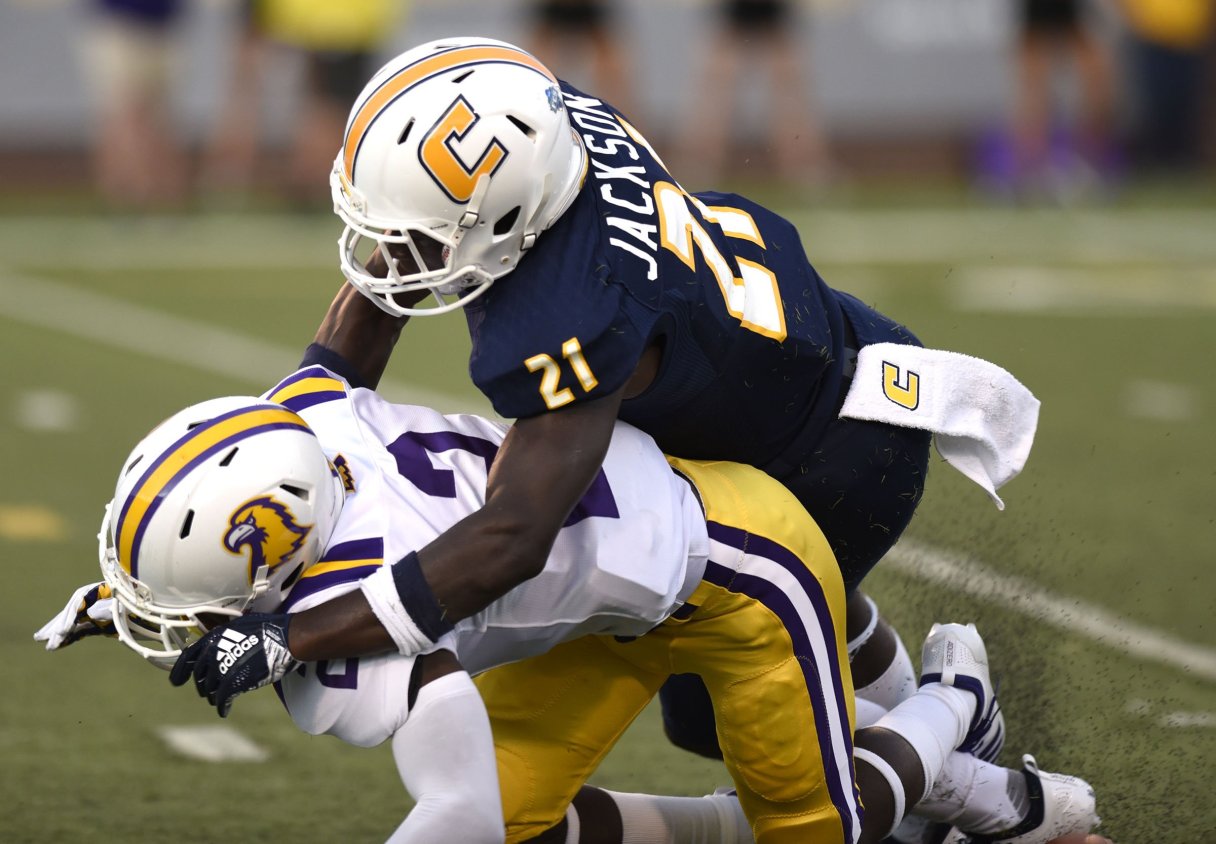 UTC's D.J. Jackson makes a tackle during the Mocs' 2018 season opener against Tennessee Tech at Finley Stadium.