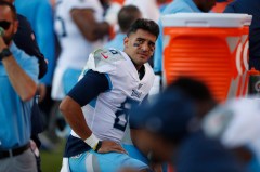 AP photo by David Zalubowski / Tennessee Titans quarterback Marcus Mariota looks on from the sideline during the second half of Sunday's 16-0 loss to the host Denver Broncos.