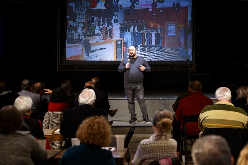 Staff photo by C.B. Schmelter / Christian Picciolini speaks during a Council Against Hate meeting at The Camp House on Tuesday, Nov. 12, 2019 in Chattanooga, Tenn. Picciolini is a former neo-Nazi who now works to help people leave the white supremacy movement.