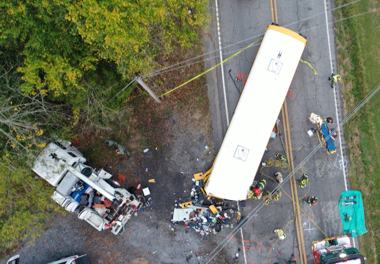 This photo, included in the NTSB's preliminary report, shows an aerial view of the final positions of the two vehicles. Source: Tennessee Highway Patrol