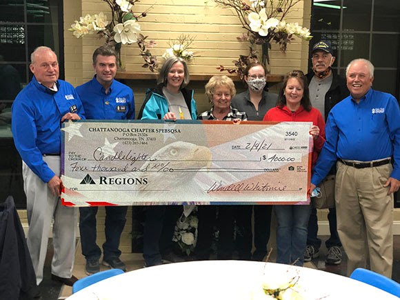 Contributed photo / At the recent check presentation, from left, are Choo Choo Chorus publicity vice president Rich Wilson and director Jimmy Tompkins; Candlelighter members Martha Strickland, Judy Phillips, Bethany Crowe, Christi Walker and Wayne Walker; and Steve Grubb, Choo Choo Chorus president.