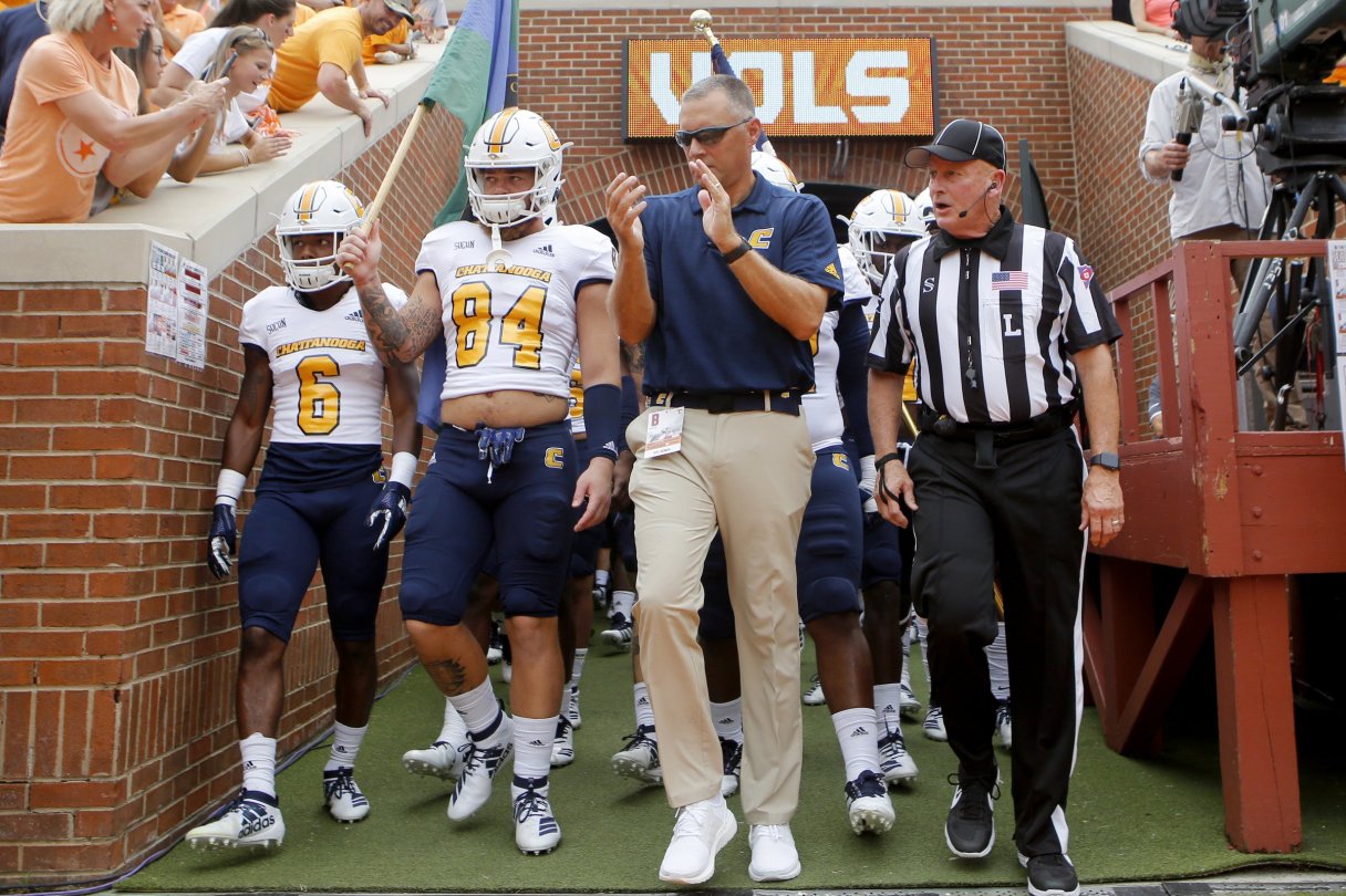 Staff file photo by C.B. Schmelter / UTC football coach Rusty Wright's team is 3-0 in the SoCon this spring and atop the league standings with Virginia Military Institute, but Wright is keeping in mind the Mocs have an 11-game regular season that will kick off in September.