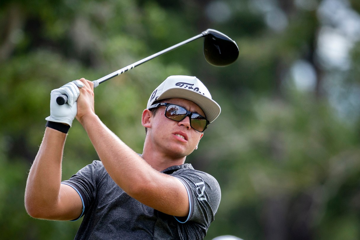 AP photo by Stephen B. Morton / Garrick Higgo watches his drive down the 17th fairway during the final round of the PGA Tour's Palmetto Championship at Congaree on Sunday in Ridgeland, S.C.