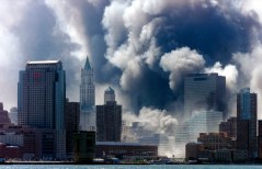 Smoke from the World Trade Center fills lower Manhattan Tuesday, Sept. 11, 2001, shortly after the second tower collapsed. The photo is taken across the Hudson River from Hoboken, N.J. (AP Photo/Daily Record, Mike Buscher)