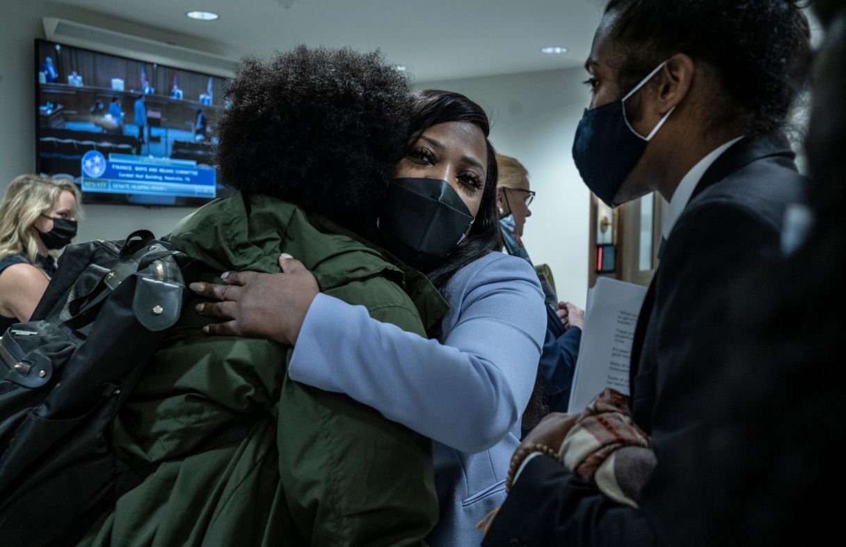 Sen. Katrina Robinson hugs a supporter in April during the legislative session. / Tennessee Lookout photo by John Partipilo