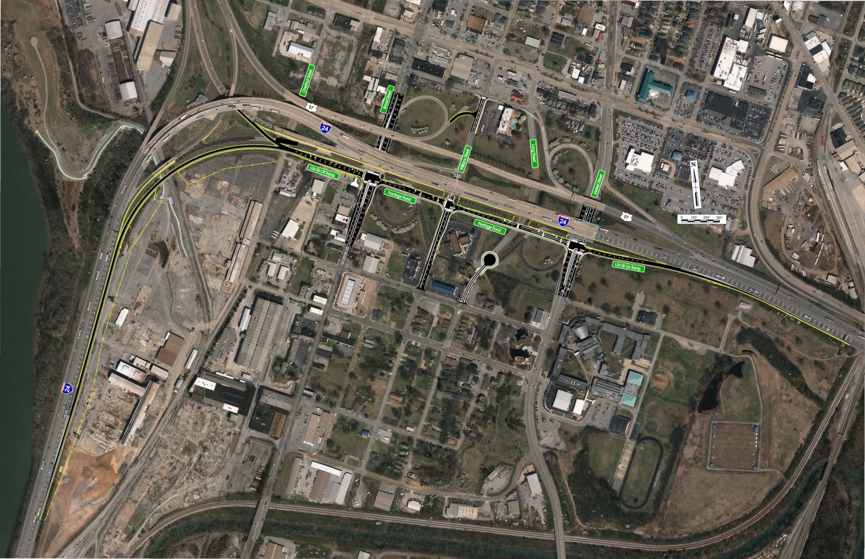 Contributed map by Tennessee Department of Transportation / Interstate 24 interchanges at Broad and Market streets are shown on this project map.