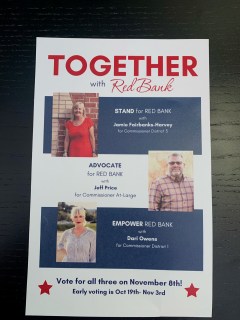 A flyer advocates for the election of Red Bank Board of Commissioners candidates Jamie Fairbanks-Harvey, Jeff Price and Dari Owens. / Contributed photo