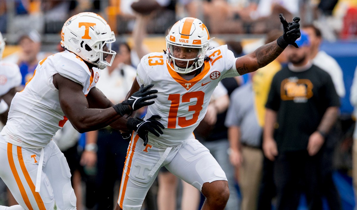 Tennessee Athletics photo / Tennessee redshirt junior defensive back and Georgia Tech transfer Wesley Walker celebrates a stop during the 34-27 overtime win at Pittsburgh on Sept. 10.