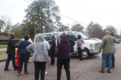 A protest takes place near the office of the Alabama Crime Victims Compensation Commission on Friday. Many said they have waited months for a response to their claims. / Alabama Reflector photo by Ralph Chapoco