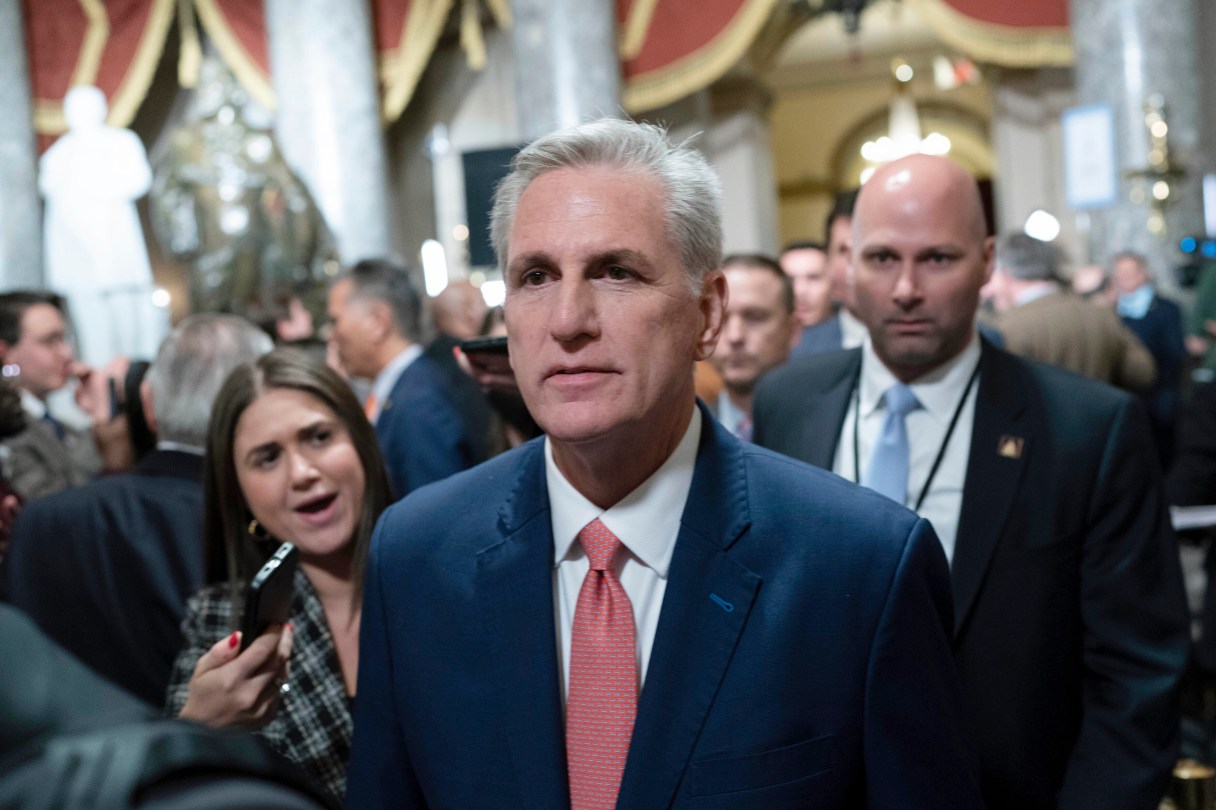 FILE - Speaker of the House Kevin McCarthy, R-Calif., leaves the House Chamber after President Joe Biden's State of the Union address to a joint session of Congress at the Capitol, Feb. 7, 2023, in Washington. (AP Photo/Jose Luis Magana, File)