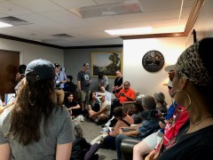 Staff Photo by Andy Sher / Gun control advocates gather in the outer offices of House Speaker Cameron Sexton on Wednesday. The speaker was not present.