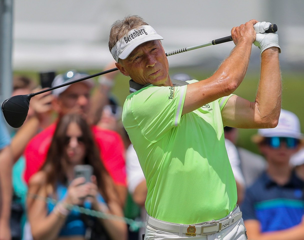 The Post-Crescent photo by Tork Mason via AP / Bernhard Langer watches his tee shot on the first hole during the third round of the U.S. Senior Open on Saturday in Stevens Point, Wis. Langer won the tournament Sunday for his 46th career win on the 50-and-older tour, breaking the PGA Tour Champions record he had shared with Hale Irwin since February.