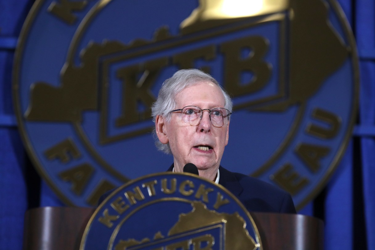Sen. Mitch McConnell speaks at the Kentucky Farm Bureau annual Country Ham Breakfast at the Kentucky State Fair on Thursday, Aug. 24, 2023, in Louisville, Ky. (Michael Clevenger/Courier Journal via AP)