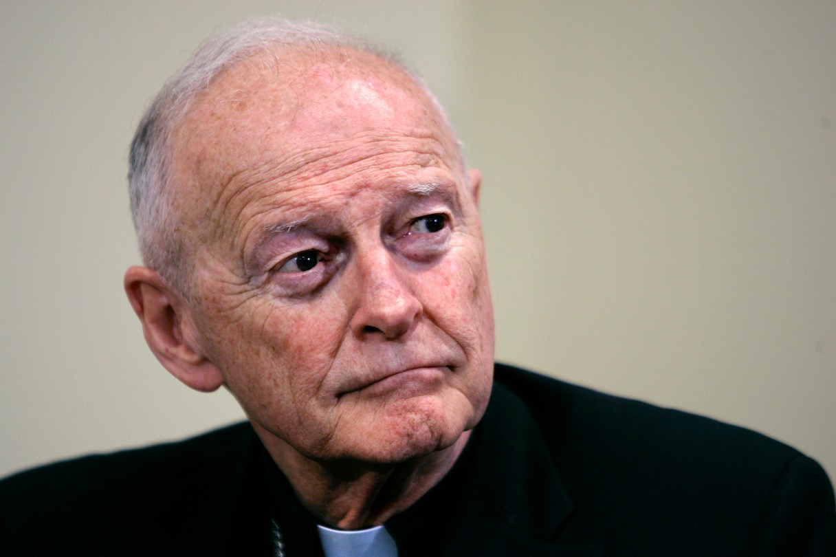 FILE - Former Washington Archbishop, Cardinal Theodore McCarrick listens during a news conference in Washington, May 16, 2006. A judge ruled Wednesday, Aug. 30, 2023, that McCarrick is not competent to stand trial and dismissed charges accusing the 93-year-old of sexually assaulting a teenage boy in Massachusetts decades ago. (AP Photo/J. Scott Applewhite, File)