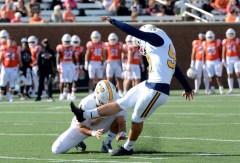 UTC Athletics photo by Laura O'Dell / UTC's Clayton Crile kicks one of his program-record five field goals during Saturday's win at Mercer.