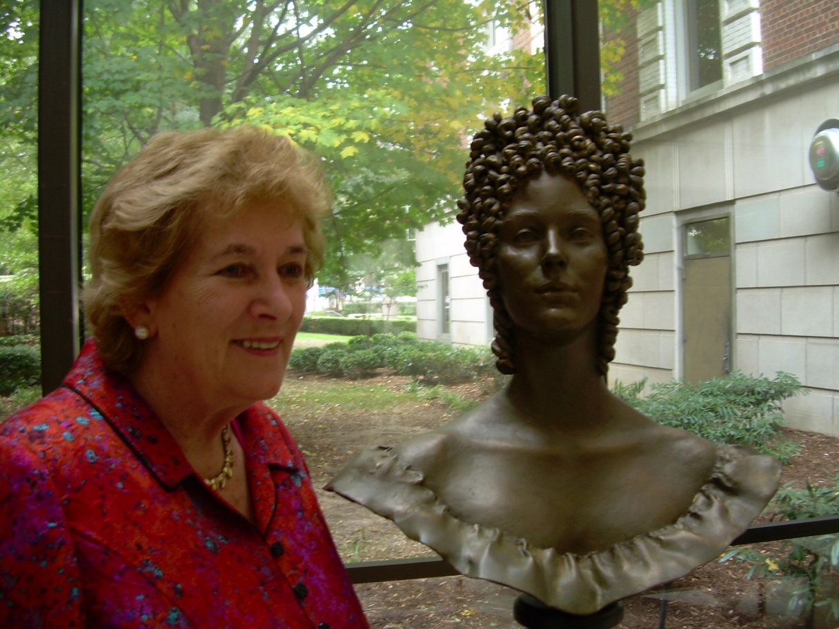 Staff File Photo / Minnie d'Erlanger Churchill, the great-granddaughter of Erlanger hospital's first benefactor, is pictured with a bust of the Baroness at Erlanger hospital. Churchill, who was married to Winston Churchill's grandson, has visited Chattanooga several times.