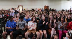 Contributed photo / More than 1,000 CSAS students were in attendance to learn their school would benefit from a $410,000 grant from EPB and TVA that will be used to update the school's air conditioning and lighting with more energy efficient equipment that will also improve the air quality for student comfort and health. The successful grant application effort was led by five CSAS students and two teachers. The group included, front row, from left, Aarev Patel, senior; Rithvik Siddenki, senior; Sullivan Smith, senior; Karen Lin, senior; Kelly Davis, teacher; and Jennifer Mitchell, former teacher who now serves as assistant principal for East Ridge High School. Not pictured is senior Hetvi Patel.