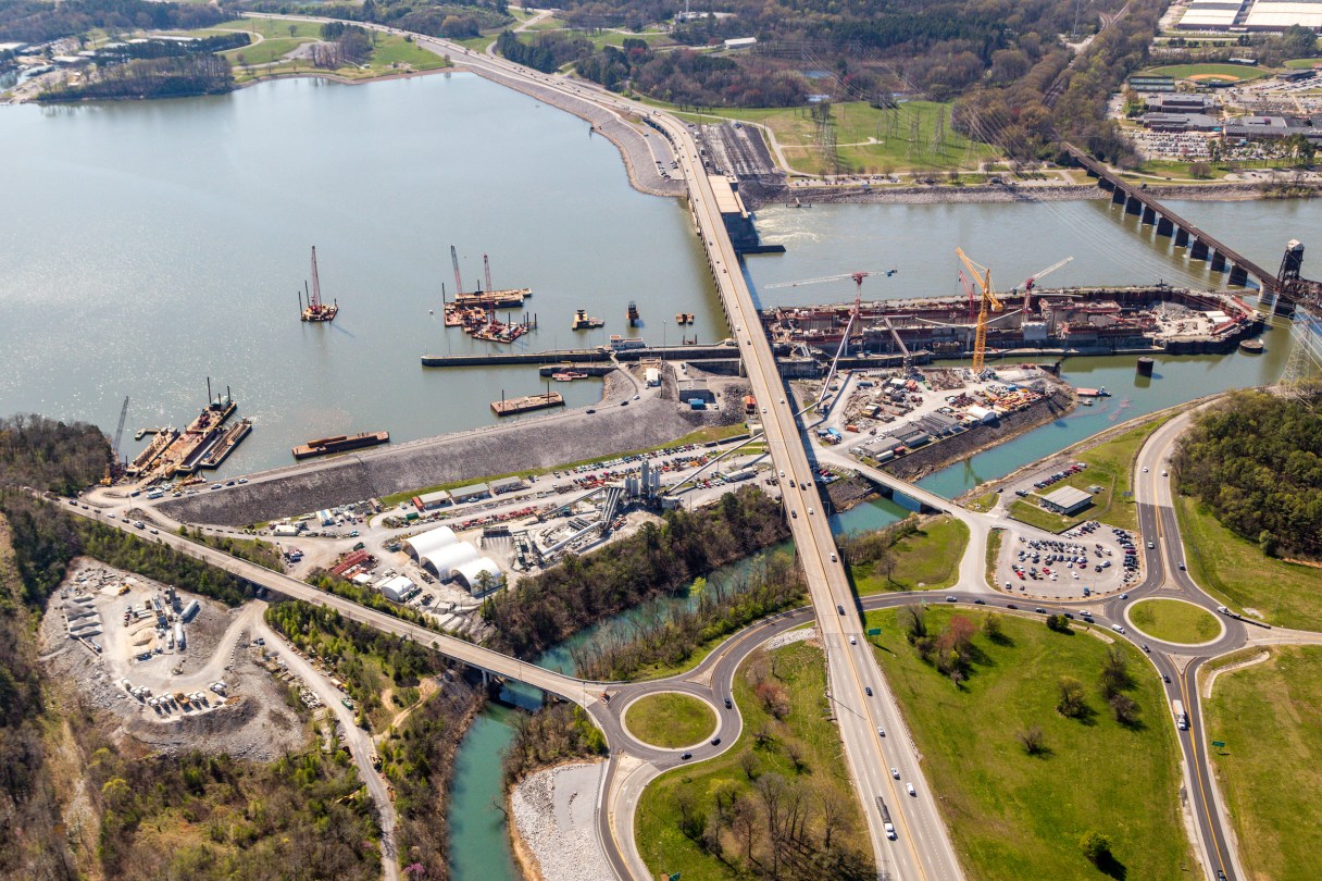 U.S. Army Corps of Engineers / An aerial photo shows ongoing work to build the new and bigger replacement lock at the Chickamauga Dam on the Tennessee River in Chattanooga.
