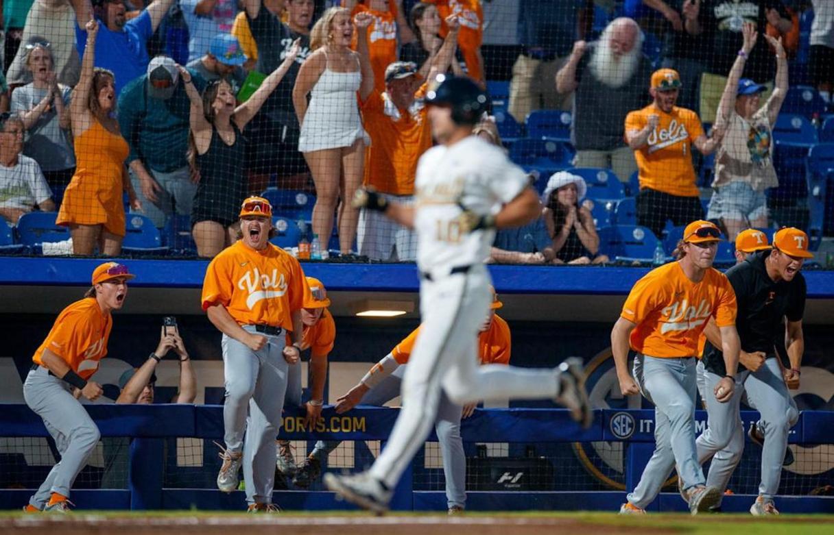 Tennessee Athletics photo by Kate Luffman / Tennessee baseball players and fans celebrate the final out of last Saturday night's 6-4 victory over Vanderbilt in an SEC tournament semifinal in Hoover, Ala.
