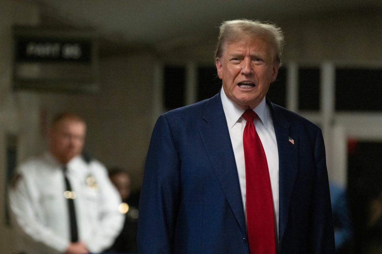 Former President Donald Trump speaks to reporters at Manhattan Criminal Court in New York, Tuesday, April 30, 2024. (Victor J. Blue/The Washington Post via AP, Pool)