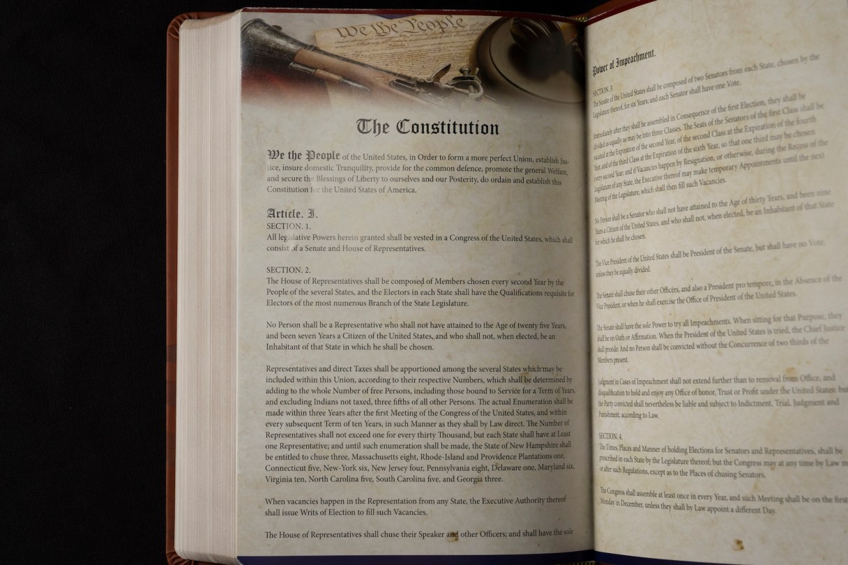 Photo/Ben Curtis/The Associated Press / The Constitution of the United States is printed in Republican presidential nominee former President Donald Trump's "God Bless the USA" Bible in Washington on Tuesday, Oct. 8, 2024.
