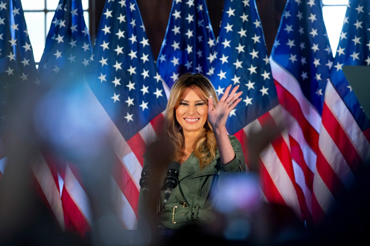 FILE - First lady Melania Trump speaks during a campaign rally in Atglen, Pa., Oct. 27, 2020. (AP Photo/Laurence Kesterson, File)