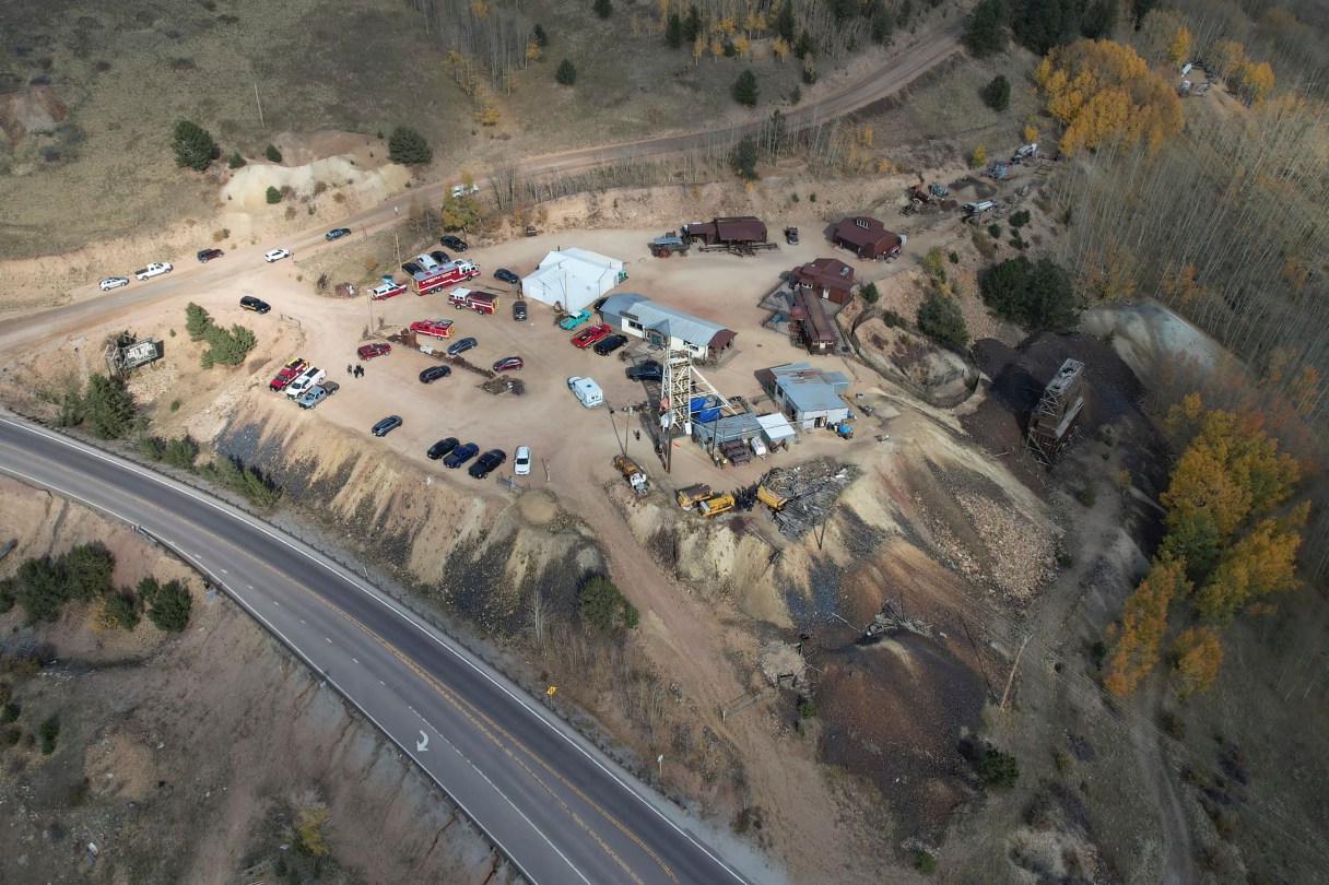 Emergency personnel stage outside the Mollie Kathleen Gold Mine in Cripple Creek, Colo., Thursday, Oct. 10, 2024, after one person died in an equipment malfunction during a tour of the mine according to the Teller County Sheriff's Department. (Arthur Trickette-Wile/The Gazette via AP)