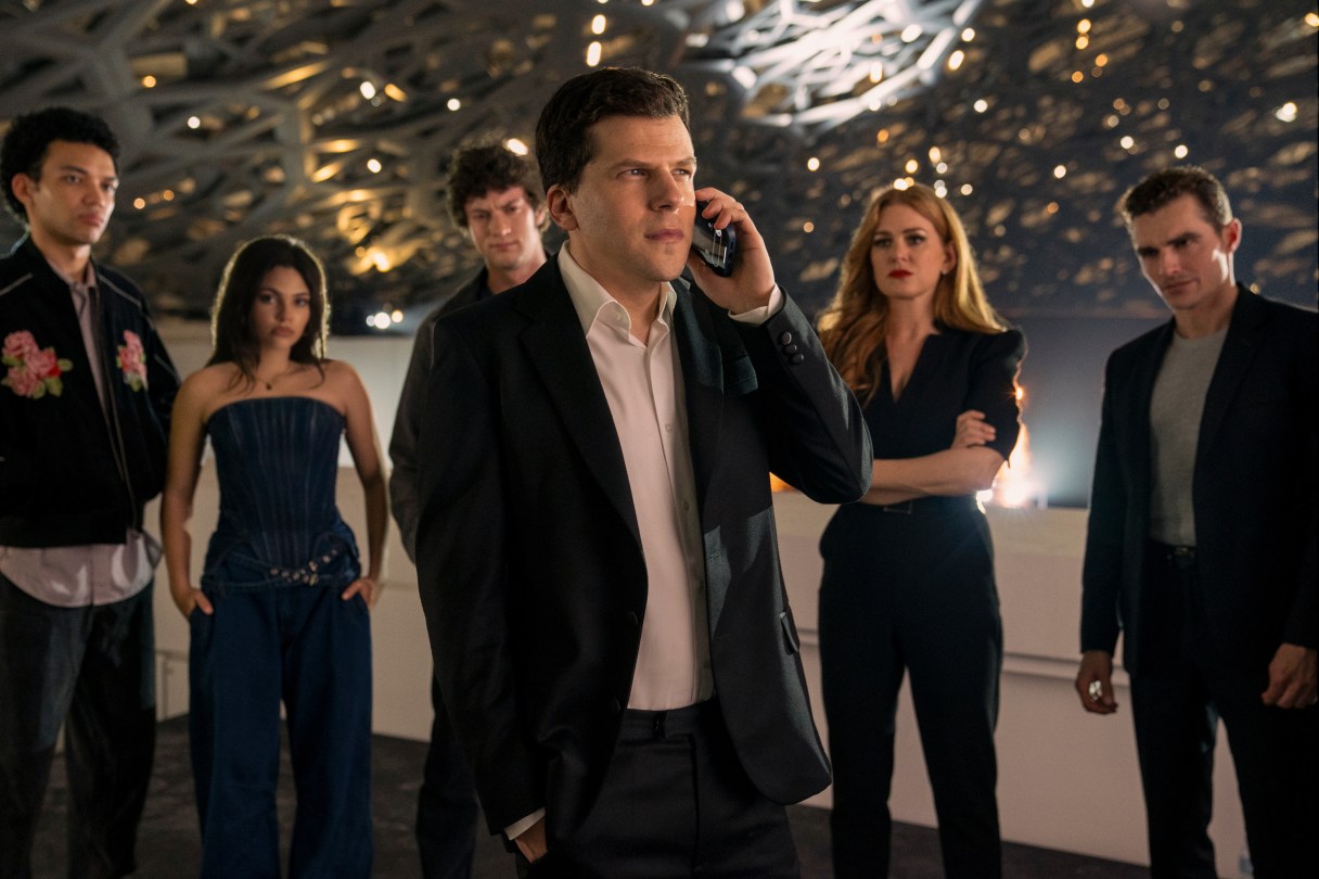 This image released by Lionsgate shows, from left, Justice Smith, Ariana Greenblatt, Dominic Sessa, Jesse Eisenberg, Isla Fisher and Dave Franco in a scene from "Now You See Me: Now You Don't." (Katalin Vermes/Lionsgate via AP)