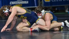 GoMocs.com photo / UTC redshirt junior Jackson Hurst, right, wrestles Northern Colorado's Clayton Ulrey during the Southern Scuffle tournament Saturday at McKenzie Arena. Hurst won 13-12 to start his run to Sunday's championship semifinals.