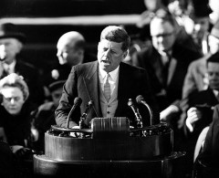 FILE - This Jan. 20, 1961, file photo shows President John F. Kennedy delivering his inaugural address after taking the oath of office, on Capitol Hill in Washington. Donald Trump will be following some giant footsteps when he gives his inaugural speech. (AP Photo, File)