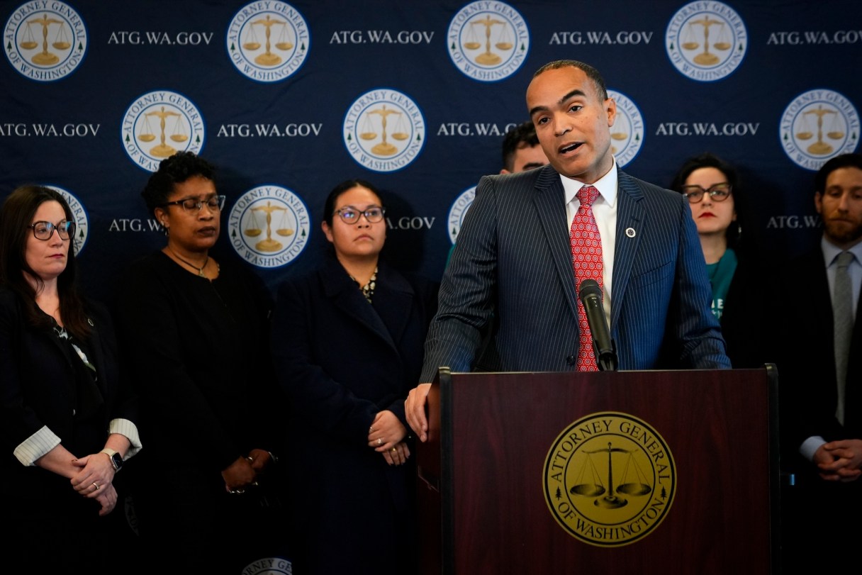 Photo/Lindsey Wasson/The Associated Press / Washington Attorney General Nick Brown speaks during a news conference announcing that Washington will join a federal lawsuit to challenge President Donald Trump's executive order to end birthright citizenship on Tuesday, Jan. 21, 2025, in Seattle.