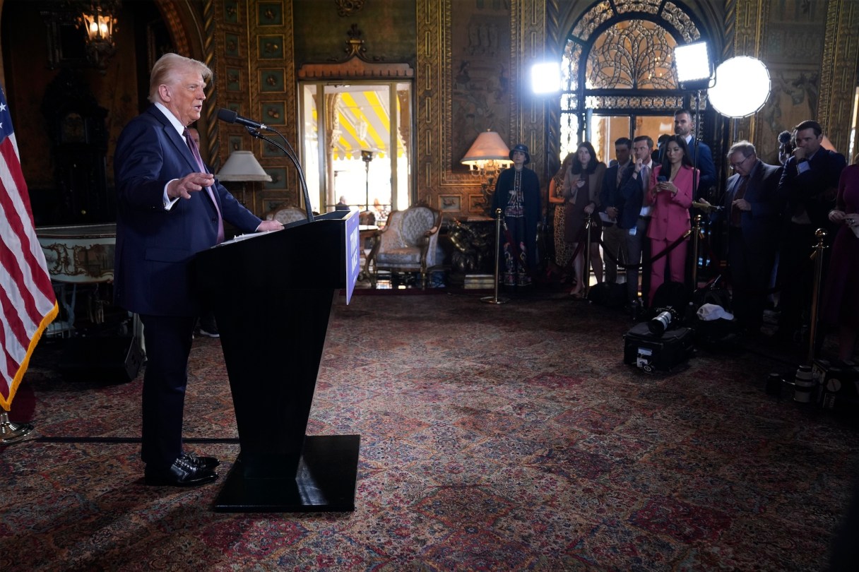 FILE - President-elect Donald Trump speaks during a news conference at Mar-a-Lago, Jan. 7, 2025, in Palm Beach, Fla. (AP Photo/Evan Vucci, File)