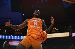 Tennessee Athletics photo / Tennessee fifth-year senior guard Darlinstone Dubar celebrates a dunk during Saturday night's 74-70 triumph at Texas.