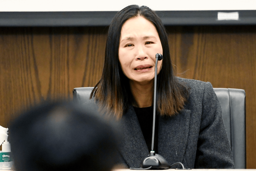 Staff photo by Abby White / Jason Chen’s mother, Shu Fang Chen looks to her son in tears as she gives an emotional testimony. Jason Chen has been charged with first degree murder, and is being sentenced to life in prison with or without parole on Tuesday, January 21, 2025.