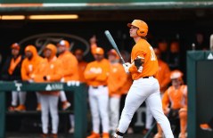 Tennessee Athletics photo / Tennessee freshman Levi Clark watches the flight of his eighth-inning grand slam during Saturday's 7-3 win over Samford.