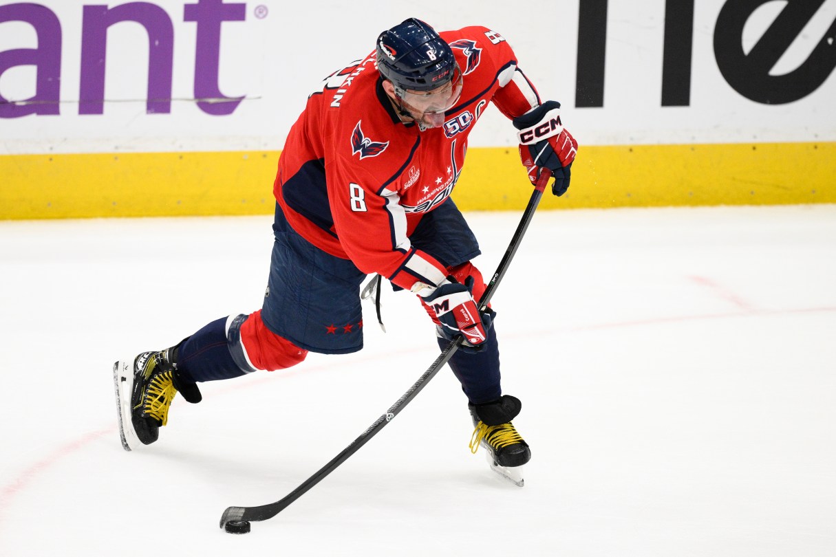 AP photo by Nick Wass / Washington Capitals left wing Alex Ovechkin winds up for a shot during the third period of Tuesday's home game against the Calgary Flames.