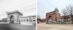 This photo shows Chattanooga's Terminal Station in the early 1900s when it was serving regular train traffic (left), compared to the Chattanooga Choo Choo in 2025 (right). / Left-hand photo contributed by Todd Morgan of Preserve Chattanooga, public domain; staff photo on the right by Kathy Bradshaw