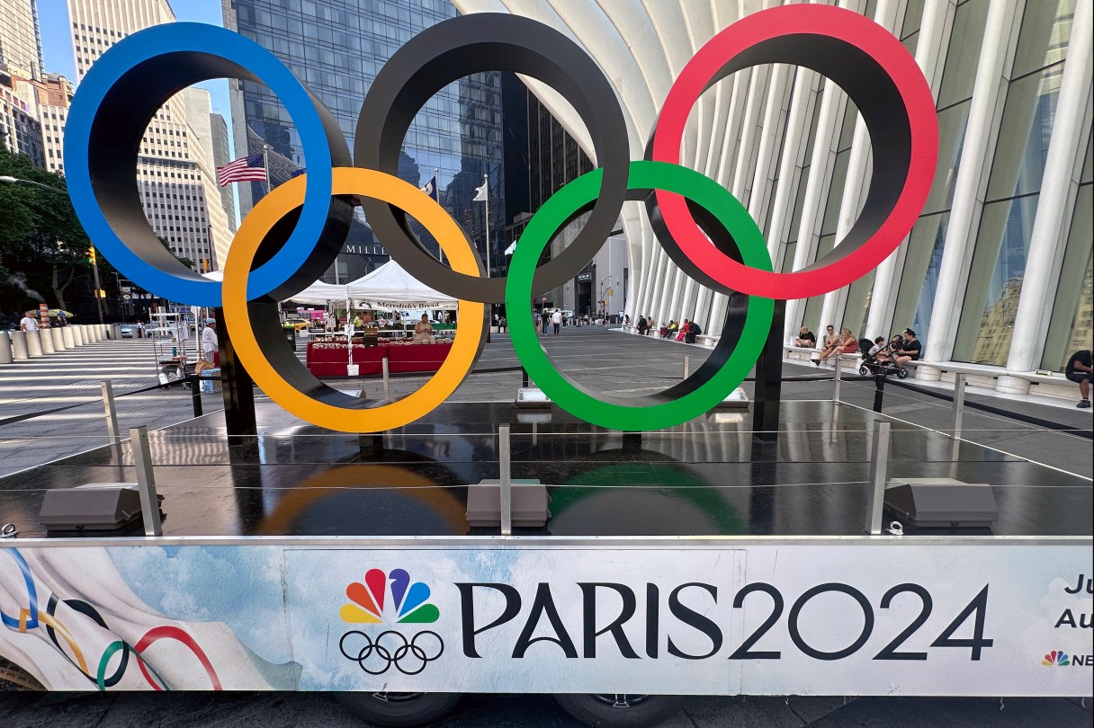 AP photo by Ted Shaffrey / A display promoting NBC's coverage of the Paris Olympics is displayed in New York on July 9.