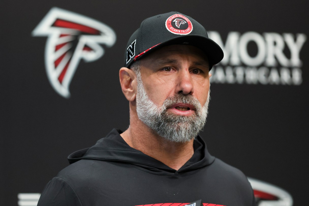 Atlanta Journal-Constitution photo by Jason Getz / Atlanta Falcons defensive coordinator Jeff Ulbrich speaks to the media on Jan. 27 in Flowery Branch, Ga.