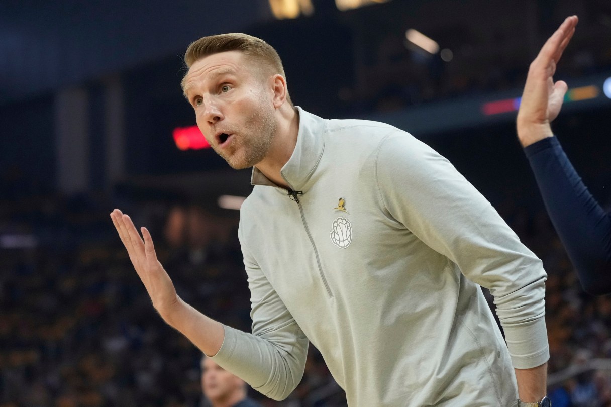 AP photo by Jeff Chiu / Memphis Grizzlies interim head coach Tuomas Iisalo gestures toward officials during an NBA play-in tournament game against the Golden State Warriors on April 15 in San Francisco.