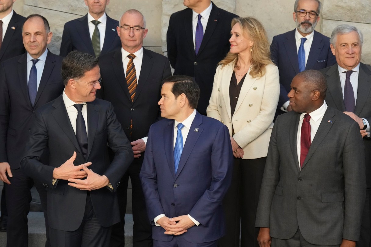 U.S. Secretary of State Marco Rubio, center, and NATO Secretary General Mark Rutte, left, poses with counterparts during a group photo of NATO foreign ministers at NATO headquarters Brussels, Thursday, April 3, 2025. (AP Photo/Jacquelyn Martin, Pool)