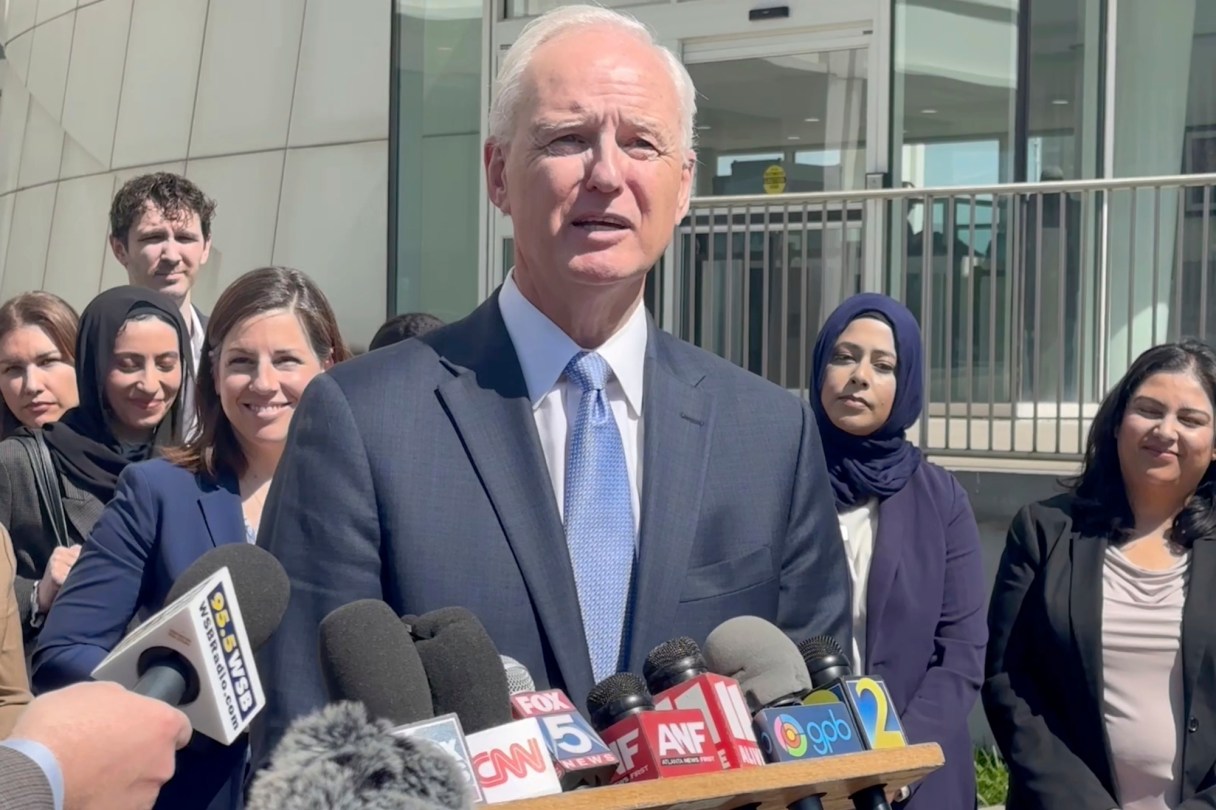 In this image taken from video, immigration lawyer Charles Kuck speaks to reporters outside a federal courthouse in Atlanta, on April 17, 2025. (AP Photo/Kate Brumback)