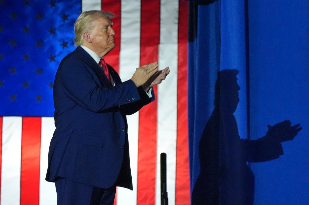 President Donald Trump arrives to speak on his first 100 days at Macomb County Community College Sports Expo Center, Tuesday, April 29, 2025, in Warren, Mich. (AP Photo/Alex Brandon)