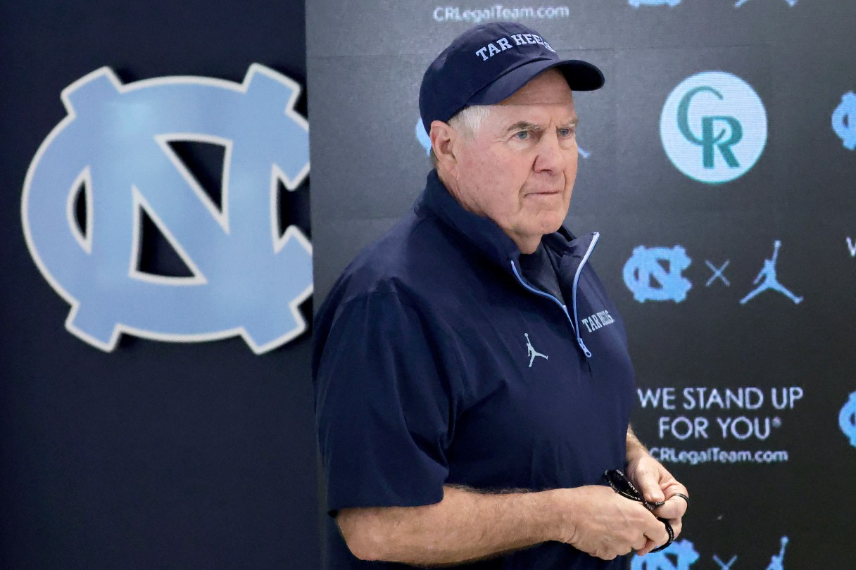 FILE - North Carolina coach Bill Belichick arrives for an NCAA college football press conference, Wednesday, March 5, 2025, in Chapel Hill, N.C. (AP Photo/Chris Seward, File)